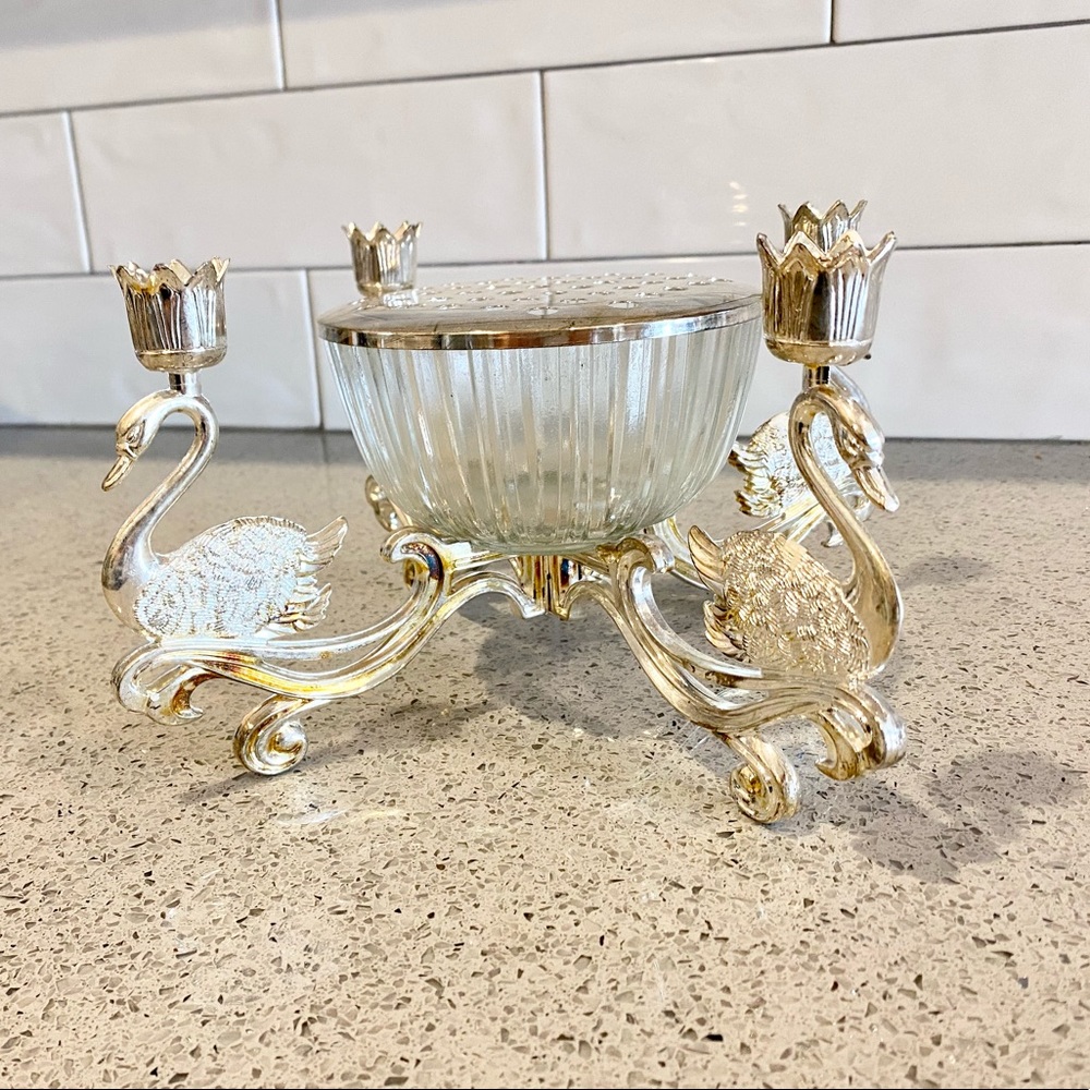 VINTAGE SILVER PLATED & Crystal SWAN 4 CANDLE